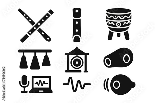 Archaeoacoustics Icons. Solid style icons of archaeoacoustics: ancient flutes, bone whistles, carved drums. Stone chimes, temple