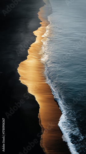a long shot of the edge between black sand and water, with golden light shining on it, dark background, top view, beautiful composition,