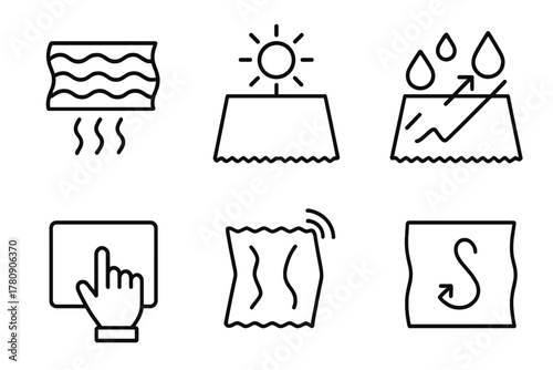 Reactive Textile Icons. Line style icons of reactive textiles: heat-triggered texture, light-activated color shift,
