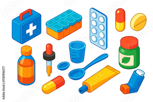 First Aid Tools. Isometric vector illustration set First Aid and Healthcare Tools: medicine cabinet, pill organizer, blister pack,