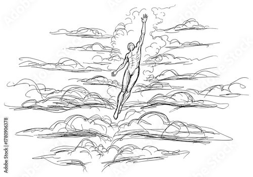 Dynamic sketch of superhero soaring through cloudy sky with outstretched arm in linear style