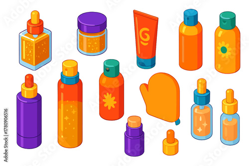 Makeup Essentials Icons. Isometric vector illustration set Makeup Essentials and Accessories: shimmer body oil, body glitter, skin