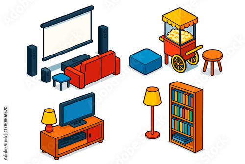 Vibrant Media Room Setup. Isometric vector illustration set Interior layout – media room sofa, projector screen, surround speakers