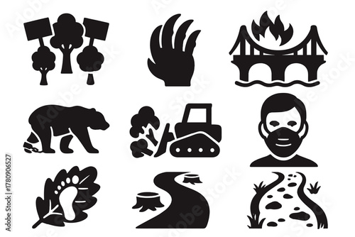 Human-Nature Conflict Icons. Solid style icons of human-nature tension: protesting tree icons, clawed human hands, burned bridges.