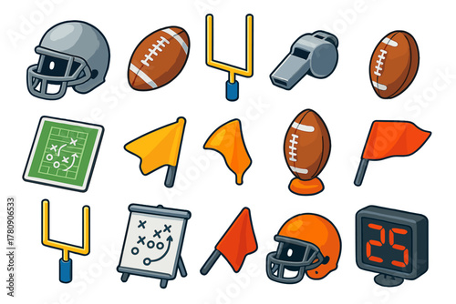 American Football Icons. Isometric vector illustration set American football: matte silver helmet, training ball, field goal