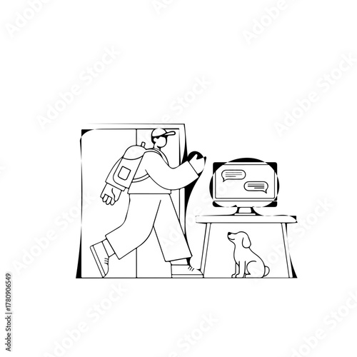 Modern delivery courier tracking package with dog companion at home