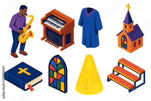 Colorful Gospel Ensemble. Isometric vector illustration set Musical genres – soulful sax, Hammond organ, gospel choir robe; church