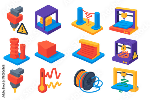 3D Printing Problems. Isometric vector illustration set 3D Printing Troubleshooting: clogged nozzle, layer shifting, stringing