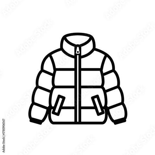 Black line art of a puffer jacket with pockets and zipper  