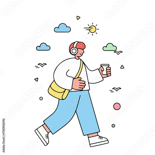 Trendy person walking, enjoying coffee and music on the go, carefree vibe