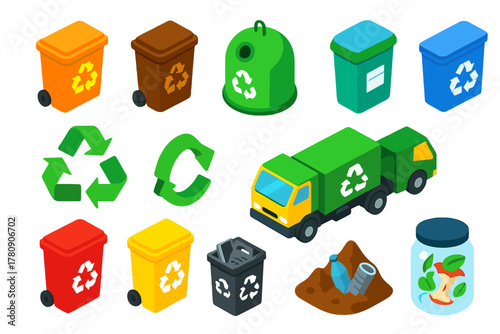 Sustainable Recycling Icons. Isometric vector illustration set Energy and Sustainability: recycling bin, compost bin, glass