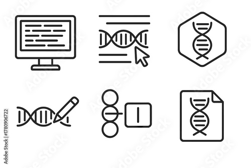 Genome Editing Icons. Line style icons of genome compilers and editors: sequence viewer screen, drag-and-drop genome interface,
