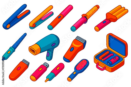 Colorful Hairdressing Tools. Isometric vector illustration set Hairdressing and Grooming Tools: cordless straightener, mini