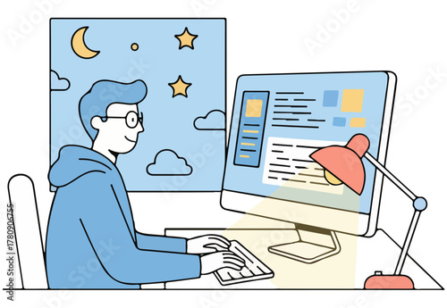 Focused coder working late night on computer, building app development