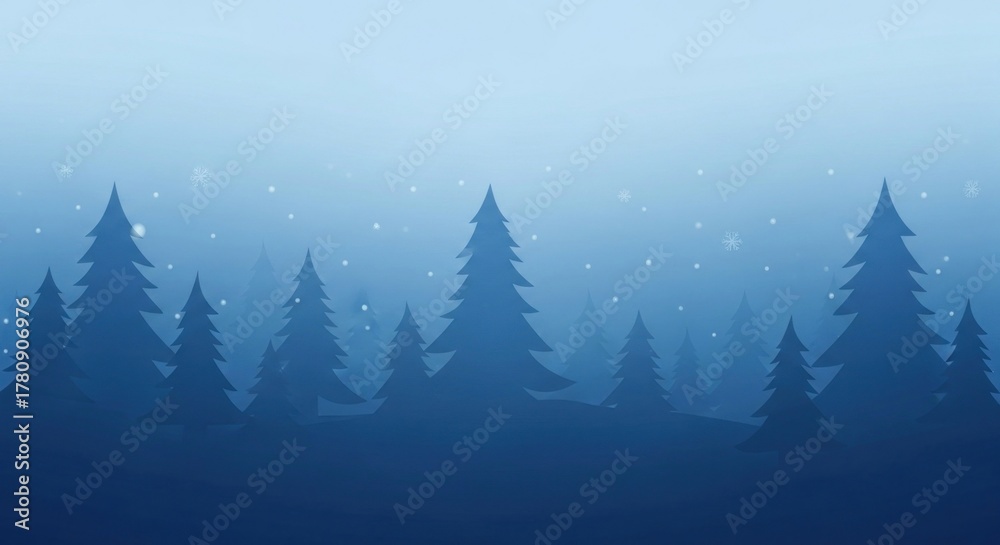 Obraz premium Silhouetted evergreen trees in varying sizes against a gradient blue sky with faint falling snow