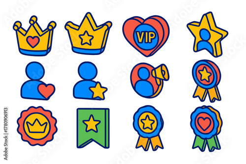 Vibrant Social Status Icons. Isometric vector illustration set Outline Social Status Icons: outlined crown with heart, outlined