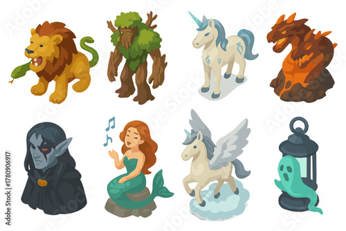 Mythical Creature Compilation. Isometric vector illustration set of Mythical creatures: chimera lion head, forest elemental,