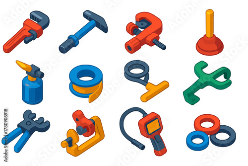 Bold Plumbing Tools. Isometric vector illustration set Plumbing Tools: pipe wrench, basin wrench, pipe cutter, plunger, plumber’s