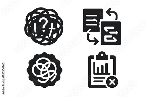 Chaotic Grammar Icons. Solid style icons of chaotic grammar systems: tangle of punctuation glyph, shuffled structure icon,
