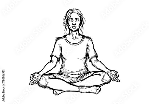 Meditative person in relaxed pose: hand drawn line art of yoga and tranquility