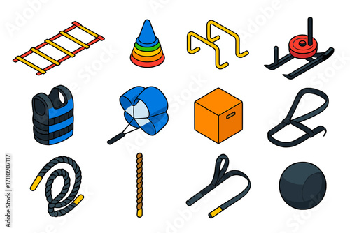 Fitness Equipment Icons. Isometric vector illustration set Fitness and Workout Essentials: agility ladder, cone markers, hurdle