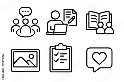 Storytelling Icon Set. Line style icons of reflection and storytelling: group circle talk icon, personal blog writing, shared