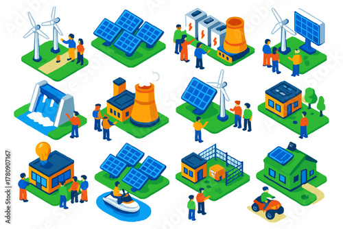 Renewable Energy Expeditions. Isometric vector illustration set Renewable Energy Expeditions: wind farm visit, solar farm tour,