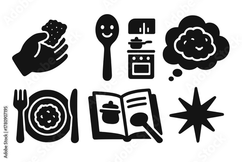 Nostalgic Childhood Meals. Solid style icons of childhood food memory: small hand with snack, joyful spoon icon, kitchen nostalgia