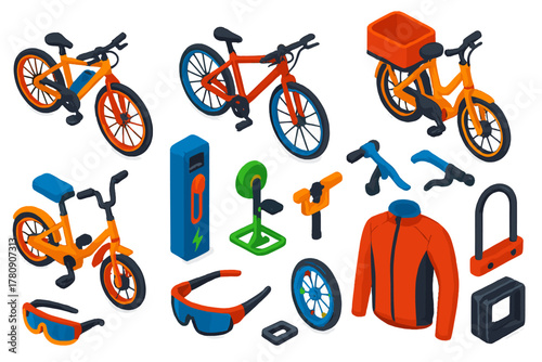 Electric Bicycle Icons. Isometric vector illustration set electric bicycle: hybrid commuter e-bike, e-road racing bike, cargo