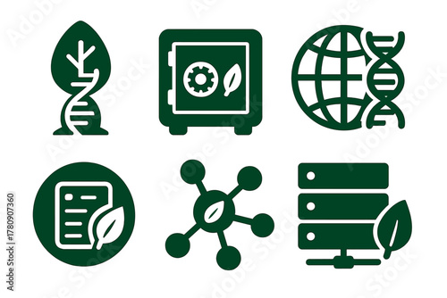 Eco DNA Icons. Solid style icons of environmental DNA archives: DNA strand inside tree icon, eco-friendly data vault, planet +