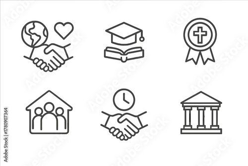 Voluntourism Partnership Icons. Line style icons of partnerships in voluntourism: NGO-local handshake, university program icon,
