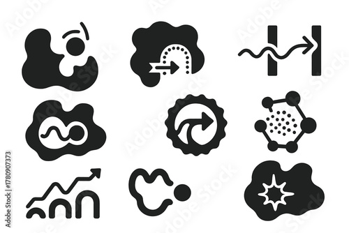 Quantum Enzyme Icons. Solid style icons of quantum tunneling in enzymes: active site with quantum leap, tunnel effect in protein,