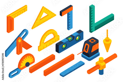 Vibrant Tool Icons. Isometric vector illustration set Tools: carpenter’s square, speed square, try square, framing square, bevel