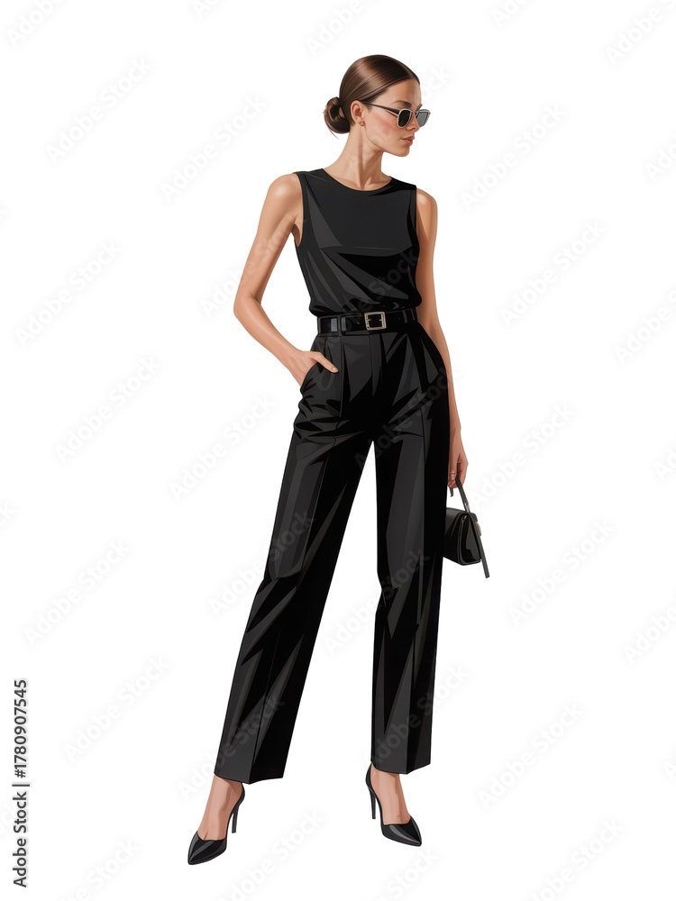 Fototapeta premium Chic woman in all-black outfit 3d render isolated on transparent background