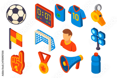 Isometric Sports Icons. Isometric vector illustration set Gaming: sports game ball, scoreboard, team jersey, whistle, referee flag