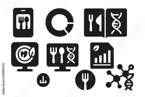 Food-Gene Tracking Icons. Solid style icons of food-gene interaction tracking: meal logging app icon, nutrient tracker ring, gene