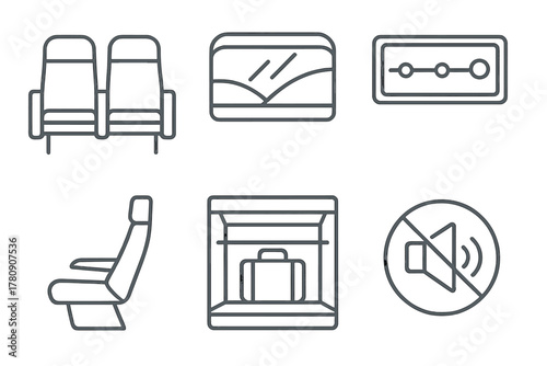 Maglev Train Icons. Line style icons of maglev train interiors: spacious seating icon, panoramic window sketch, digital route