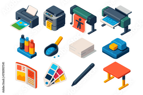 Vibrant Printing Equipment Icons. Isometric vector illustration set 2D printing, design, and technology: inkjet plotter,