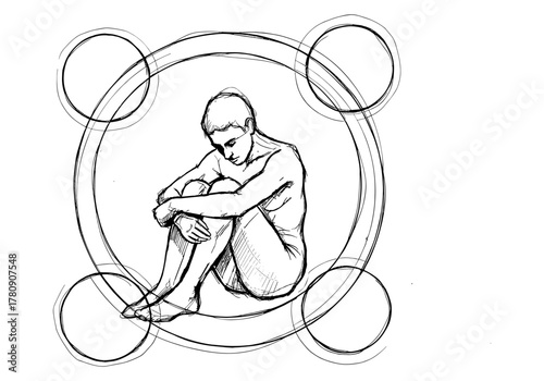Contemplative sketch of a person within abstract circular design