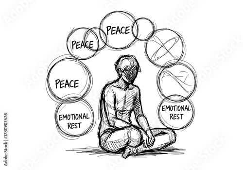 Meditative state sketch with peaceful thoughts around a seated figure