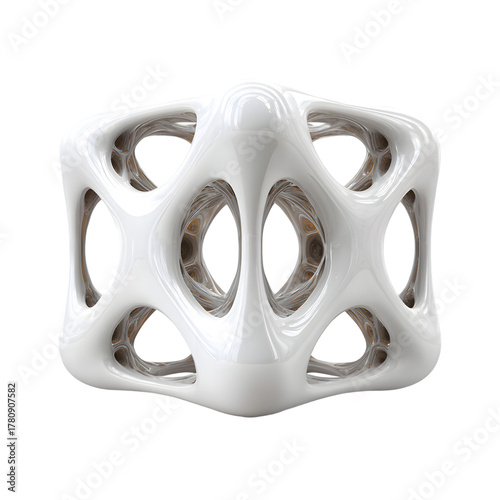 Abstract molecular structure 3D render. Glass and gold crystal lattice cube isolated on black background. Science and technology concept.