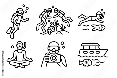 Underwater Hotel Activities Icons. Line style icons of guest activities in underwater hotels: scuba diving excursion, guided reef
