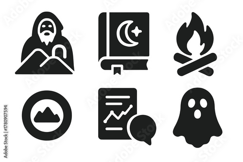 Magnetic Hill Legends. Solid style icons of local magnetic hill legends: folklore glyph, mystery book icon, campfire badge. Myth