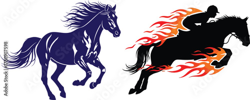 Blue Silhouette Horse Running Next To Black Silhouette Horse Jumping Over Flames vector illustration