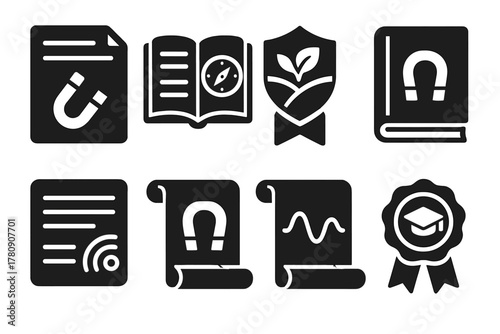 Magnetoreception Research Icons. Solid style icons of academic magnetoreception publications: research paper icon, open journal