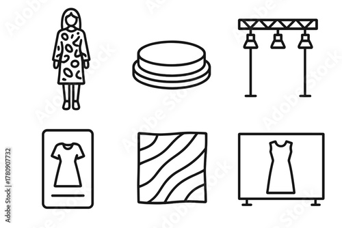 3D Fashion Runway Icons. Line style icons of 3D fashion runway elements: model in printed outfit, rotating platform base,
