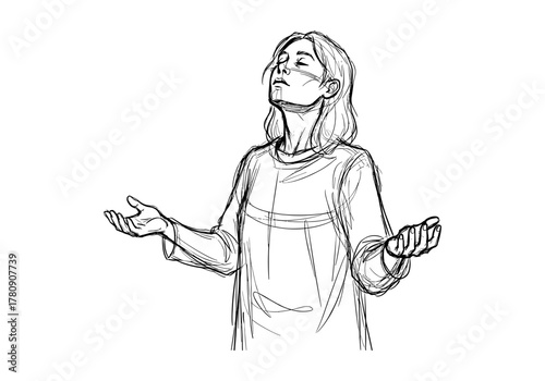 Expressive linear sketch of contemplative person with arms open and upward gaze