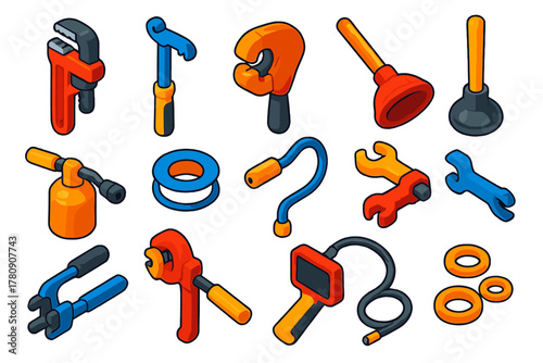 Bold Plumbing Tools. Isometric vector illustration set Plumbing Tools: pipe wrench, basin wrench, pipe cutter, plunger, plumber’s