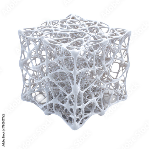 Abstract molecular structure 3D render. Glass and gold crystal lattice cube isolated on black background. Science and technology concept.