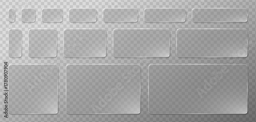 Transparent glassmorphism buttons and panels with glossy reflection and soft blur. Modern 3D glass morphism vector design for digital apps, UI mockups or website interfaces.